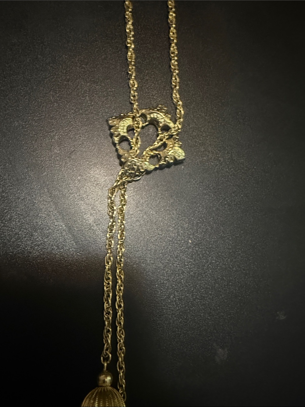 Vintage Gold-Tone Lariat Necklace with Filigree Slider and Tassel Orbs